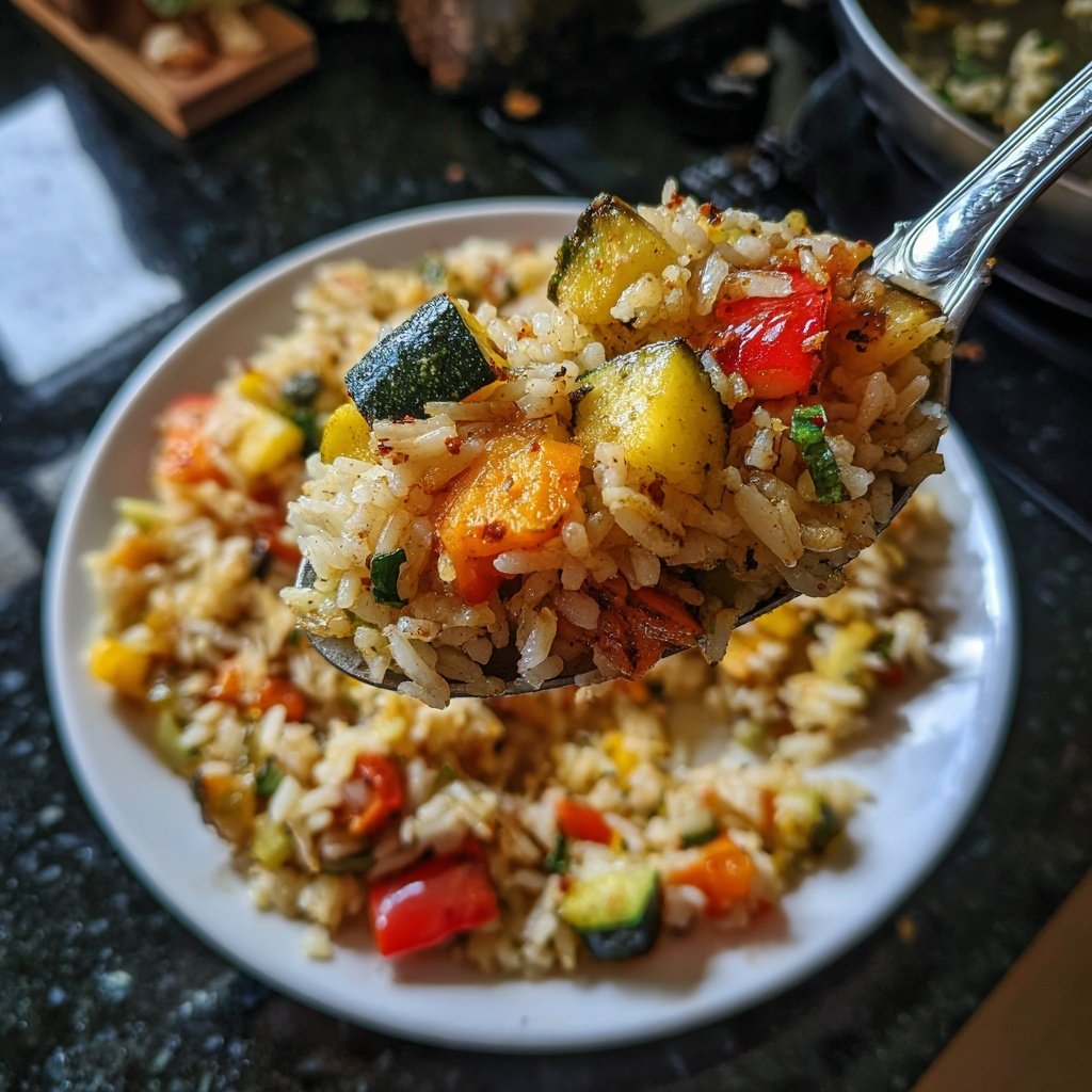 Mittagessen mit Gemüsepfanne und Reis