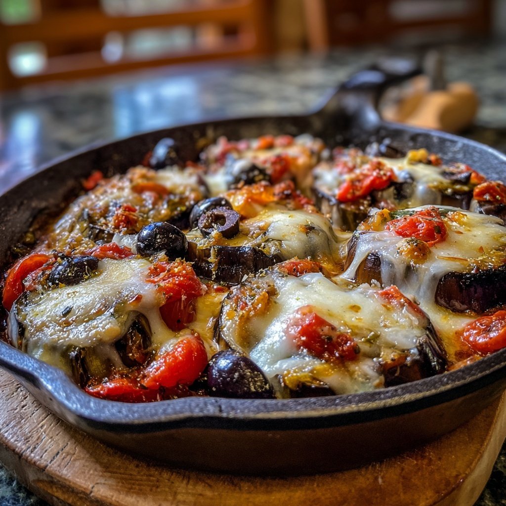 Auberginenpfanne mit Tomaten und Oliven